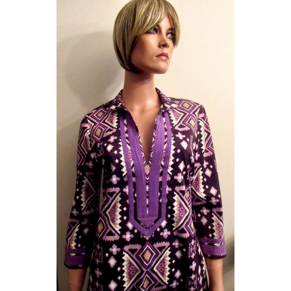 TORY BURCH 4 Stretch Cotton Caftan Dress Ikat Boho Purple Tribal Print Superb! - Picture 4 of 11